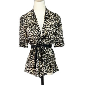 BCBG Max Azria | 100% Silk Blouse | Tie Waist Peplum | Black gray cream | Sz S